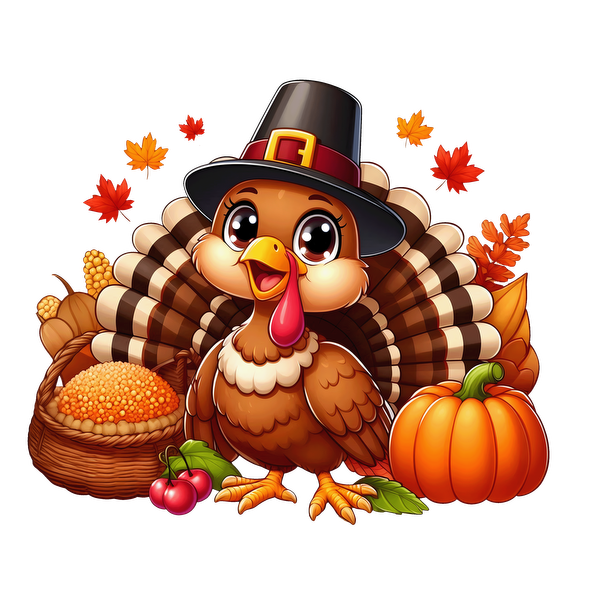 A cheerful cartoon turkey wearing a pilgrim hat, surrounded by autumn leaves, corn, a pumpkin, and cherries.dtf regular iron