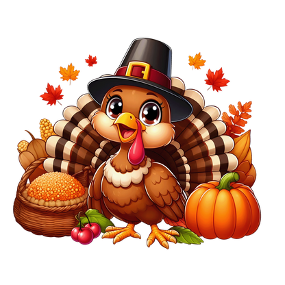 A cheerful cartoon turkey wearing a pilgrim hat, surrounded by autumn leaves, corn, a pumpkin, and cherries.dtf regular iron