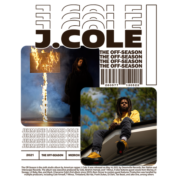 Un gráfico promocional dinámico que presenta a J. Cole en medio de imágenes espectaculares, mostrando su estilo distintivo y el álbum "The Off-Season". Transferencias DTF