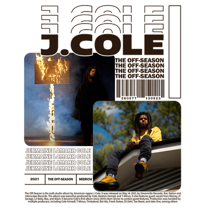 Un gráfico promocional dinámico que presenta a J. Cole en medio de imágenes espectaculares, mostrando su estilo distintivo y el álbum "The Off-Season". Transferencias DTF