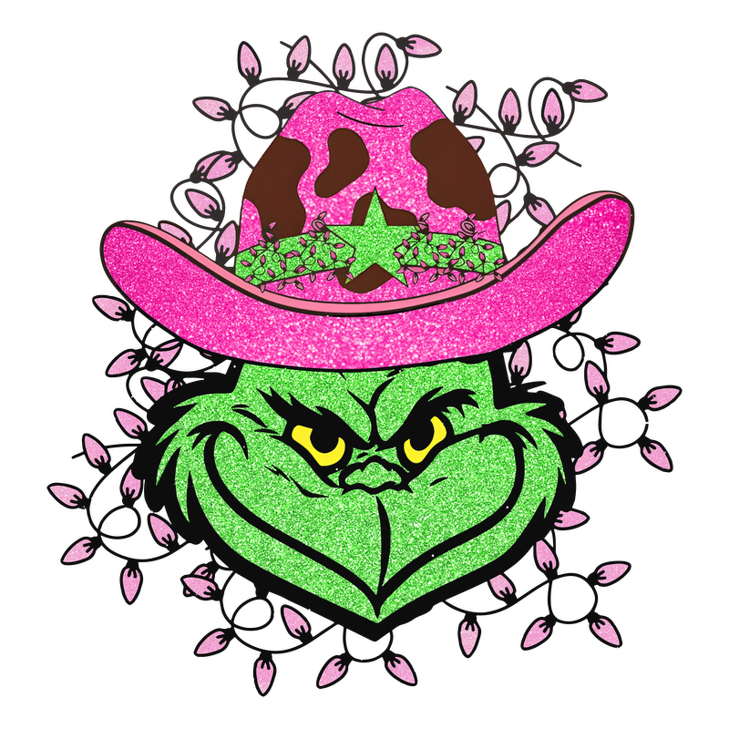 A whimsical design featuring the Grinch in a pink cowboy hat adorned with lights and sparkly details, perfect for festive occasions.DTF Transfersdtf regular iron dtf transfers