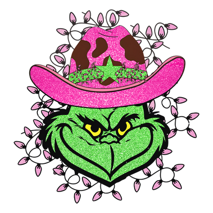 A whimsical design featuring the Grinch in a pink cowboy hat adorned with lights and sparkly details, perfect for festive occasions.DTF Transfersdtf regular iron dtf transfers