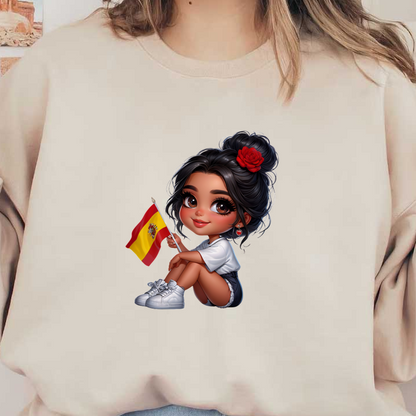 A cheerful cartoon girl holding a Spanish flag, styled with a floral headpiece and casual modern attire.DTF Transfers heat press transfers