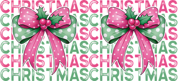 A vibrant Christmas-themed design featuring colorful bows with polka dots and the word "CHRISTMAS" in a playful pattern.UV Transfers heat press transfers