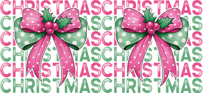 A festive graphic featuring colorful bows with polka dots and holly, set against a repeating "Christmas" text backdrop.UV Transfers dtf prints