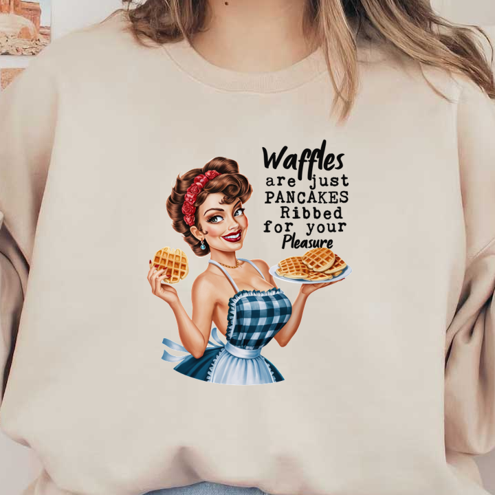 Una alegre mujer de inspiración retro con un delantal sostiene waffles y muestra una cita divertida sobre waffles y panqueques.