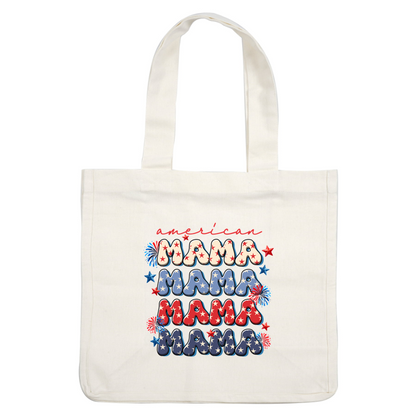 Celebrate with this vibrant "American Mama" design featuring colorful, star-patterned letters and festive fireworks! Perfect for patriotic occasions. heat press transfers