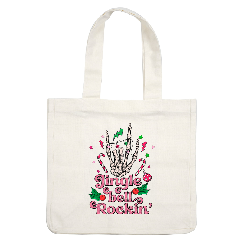 A festive design featuring a skeleton hand with holiday elements and the playful text "Jingle Bell Rockin’."dtf regular iron