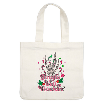 A festive design featuring a skeleton hand with holiday elements and the playful text "Jingle Bell Rockin’."dtf regular iron