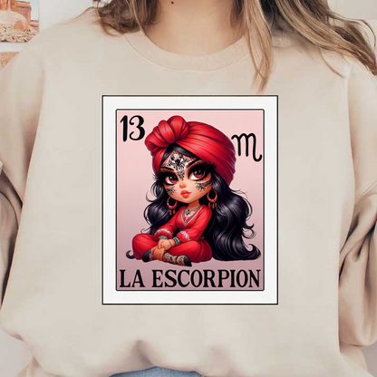 Una ilustración vibrante de una niña con un traje rojo y turbante, que presenta patrones intrincados y el título "La Escorpión".