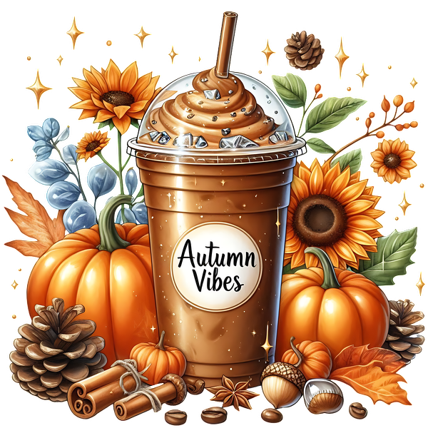 Delight in the autumn spirit with this creamy caramel coffee frappe, surrounded by pumpkins, sunflowers, and fall decorations. dtf transfers