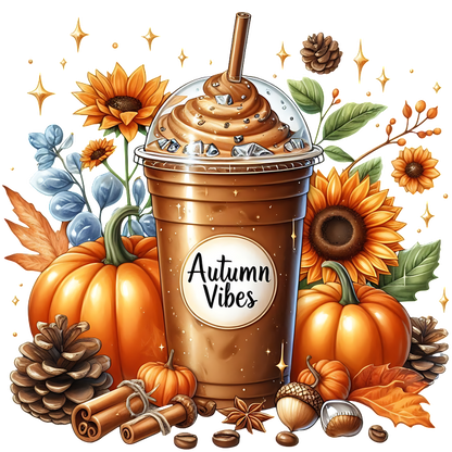 Delight in the autumn spirit with this creamy caramel coffee frappe, surrounded by pumpkins, sunflowers, and fall decorations. dtf transfers