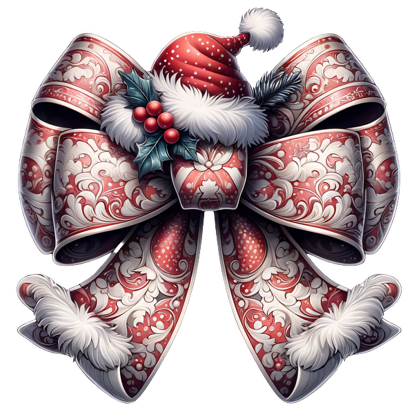 A beautifully detailed Christmas bow adorned with a red and white pattern, featuring a Santa hat and holly accents.dtf regular iron