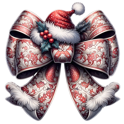 A beautifully detailed Christmas bow adorned with a red and white pattern, featuring a Santa hat and holly accents.dtf regular iron