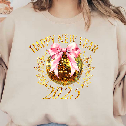 Celebrate the New Year with a sparkling golden disco ball, adorned with a pink bow, and surrounded by festive wishes for 2025!DTF Transfers heat press transfersdtf regular iron