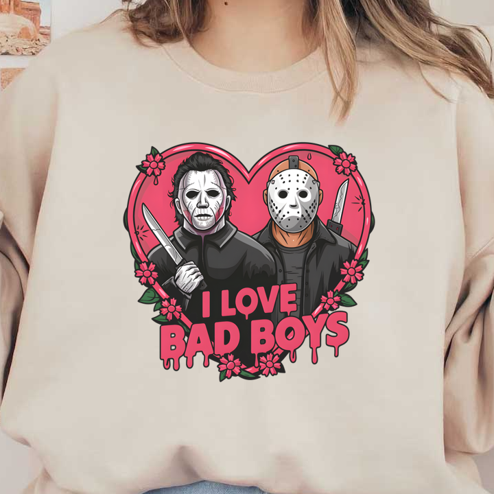 Un gráfico divertido que presenta personajes de terror icónicos con un diseño de corazón que proclama "Amo a los chicos malos" en colores vibrantes.