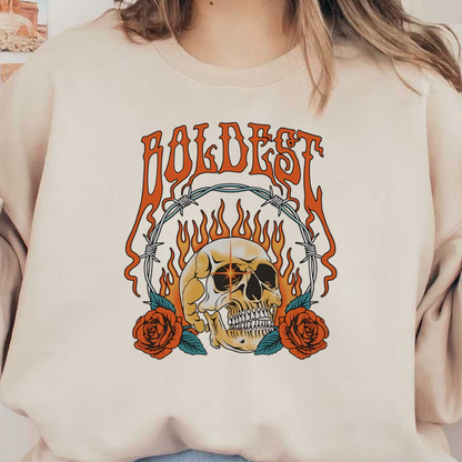 Un diseño gráfico llamativo que presenta una calavera rodeada de llamas y rosas, con la palabra "BOLDEST" destacada.