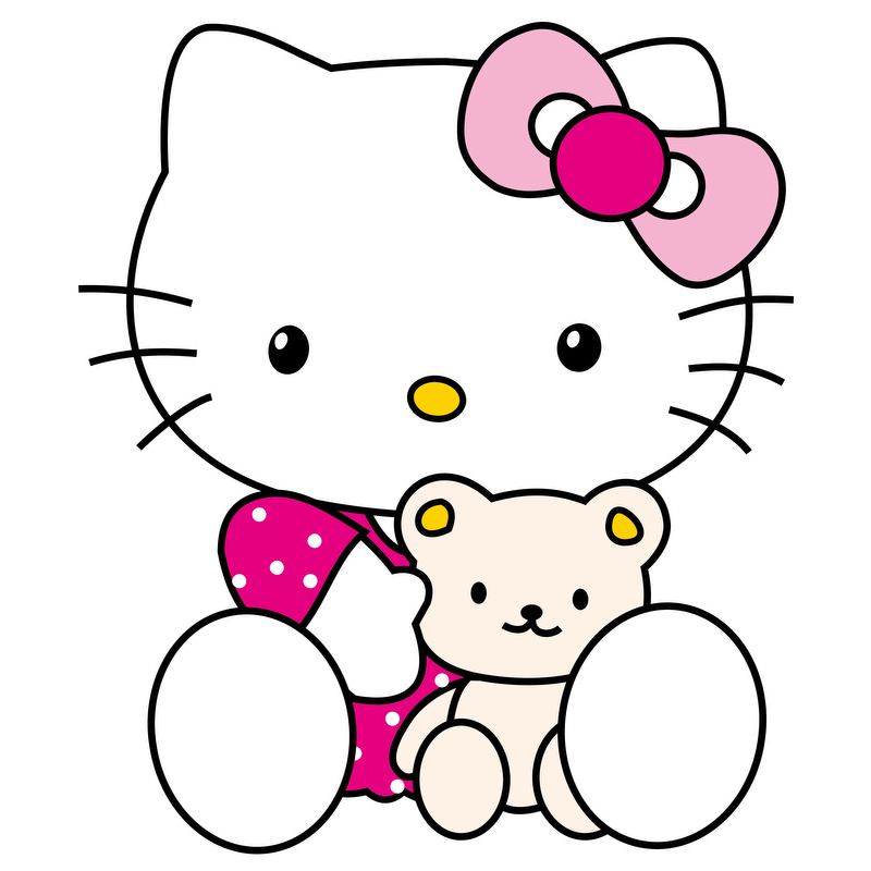 Adorable Hello Kitty cuddles a cute bear, showcasing her signature style with a pink polka dot dress and bow.DTF Transfers