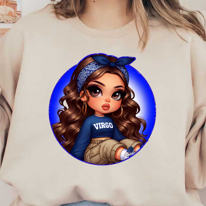 Un encantador personaje animado con cabello largo y ondulado, que viste un top "VIRGO", un pañuelo y aros.