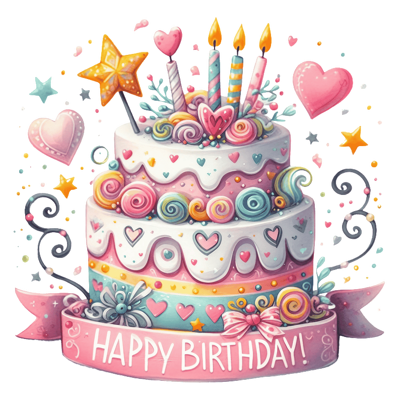 Celebrate with this colorful three-tier birthday cake adorned with vibrant swirls, candles, and a cheerful "Happy Birthday!" banner.DTF Transfers