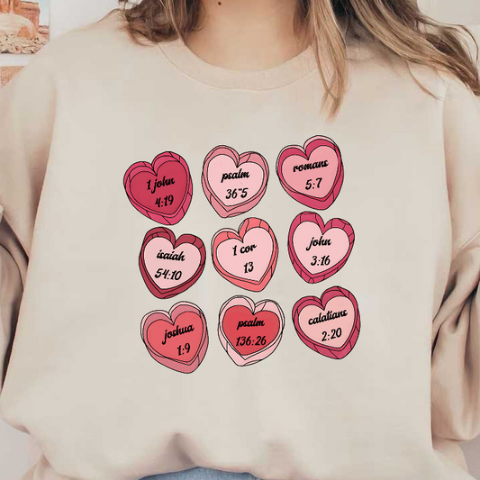 A colorful arrangement of heart-shaped candies featuring various Bible verse references, perfect for Valentine's Day inspiration or religious decor.DTF Transfers