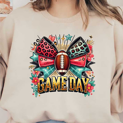 Celebrate Game Day with this vibrant design featuring a football, playful bows, and colorful decorative elements!DTF Transfers dtf prints