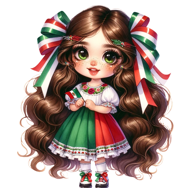 A charming girl in a traditional Mexican dress, featuring green and red colors, with festive ribbons and big expressive eyes. heat press transfers