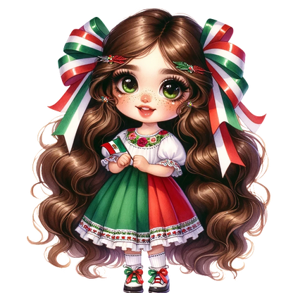 A charming girl in a traditional Mexican dress, featuring green and red colors, with festive ribbons and big expressive eyes. heat press transfers