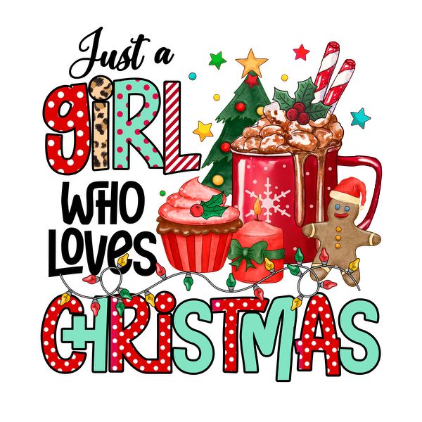 Festive illustration featuring whimsical Christmas treats, including a gingerbread man, cupcakes, and a hot chocolate mug, with cheerful typography. dtf transfers