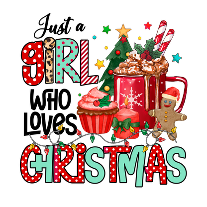 Festive illustration featuring whimsical Christmas treats, including a gingerbread man, cupcakes, and a hot chocolate mug, with cheerful typography. dtf transfers