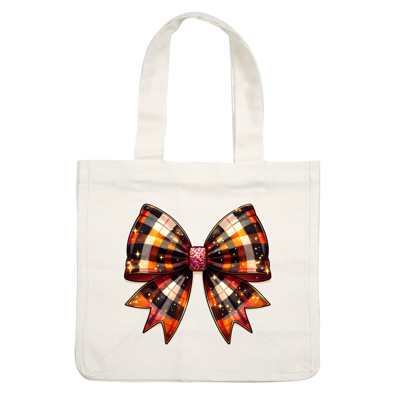 A vibrant, plaid bow in orange, black, and cream hues, adorned with a sparkling pink center for a festive touch. dtf transfers