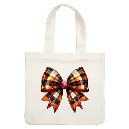 A vibrant, plaid bow in orange, black, and cream hues, adorned with a sparkling pink center for a festive touch. dtf transfers