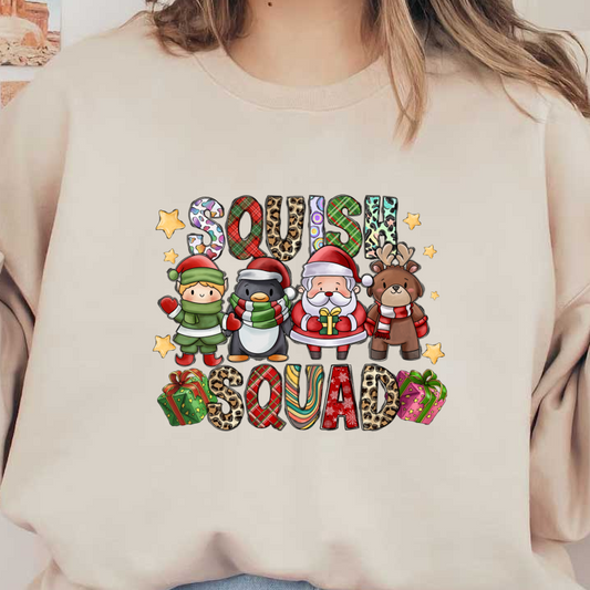 This festive design features cute holiday characters—a penguin, Santa, a reindeer, and a child—surrounded by colorful "Squish Squad" lettering and presents.DTF Transfersdtf regular iron