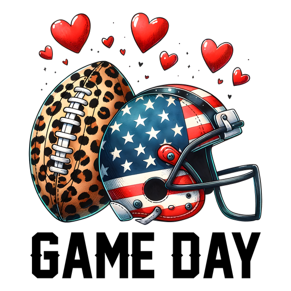 Una divertida ilustración que presenta un balón de fútbol con estampado de leopardo y un casco de fútbol americano patriótico, rodeados de corazones de colores.