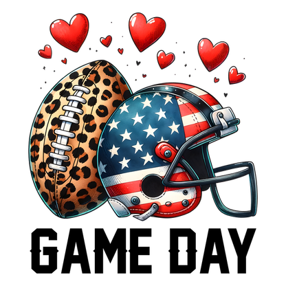 Una divertida ilustración que presenta un balón de fútbol con estampado de leopardo y un casco de fútbol americano patriótico, rodeados de corazones de colores.