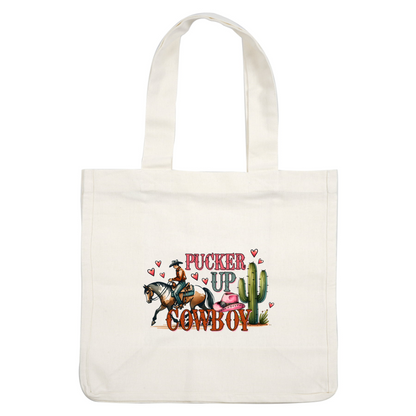 Un diseño de vaquero caprichoso que presenta un jinete a caballo, cactus, corazones y la divertida frase "Pucker Up Cowboy".