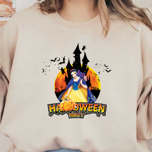 A festive Halloween party graphic featuring a whimsical character holding a pumpkin, surrounded by spooky elements and bright colors. dtf prints