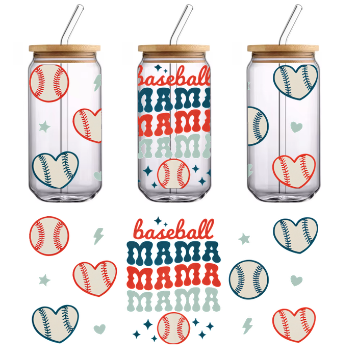 Colorful illustration featuring "baseball mama" text surrounded by baseballs, hearts, and stars, celebrating sports and motherhood.UV Transfers dtf transfersdtf regular iron