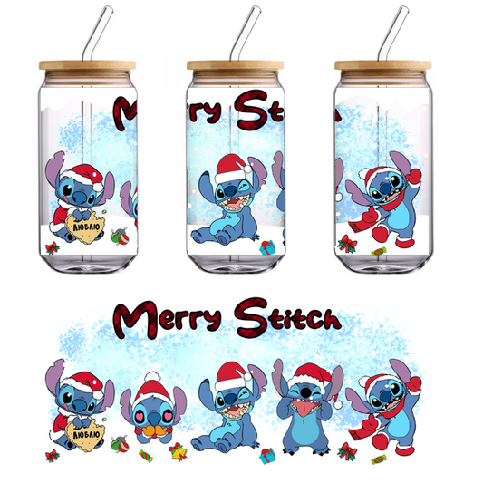 Celebrate the season with this playful "Merry Stitch" design featuring Stitch in festive Santa hats, surrounded by holiday gifts!UV Transfersdtf regular iron