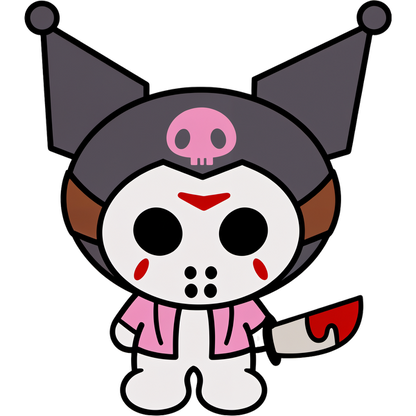 A cute, cartoonish character with a skull helmet, pink jacket, and a playful yet spooky vibe, holding a bloody knife.DTF Transfers dtf transfers