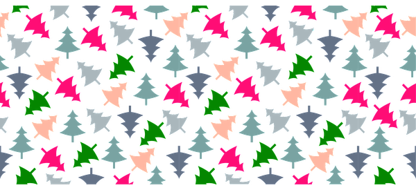 A vibrant, colorful pattern featuring various stylized trees in shades of pink, green, and gray against a black background.UV Transfersdtf regular iron