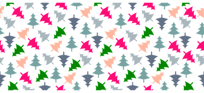 A vibrant, colorful pattern featuring various stylized trees in shades of pink, green, and gray against a black background.UV Transfersdtf regular iron