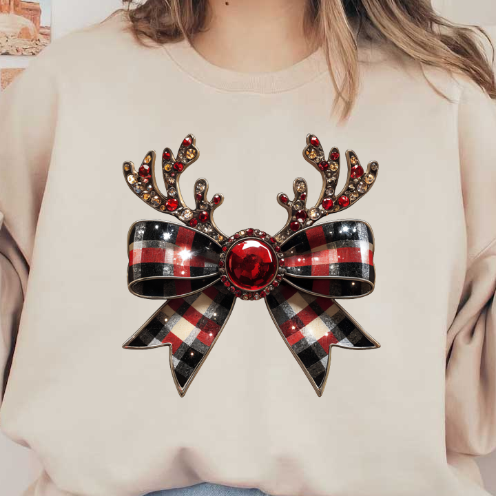 Festive hair accessory featuring sparkling antlers, a vibrant red gem, and a stylish red and black plaid bow. heat press transfers