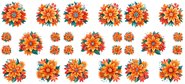 A vibrant collection of orange and yellow floral designs, featuring various sizes and arrangements, perfect for decorative uses.UV Transfers dtf transfers