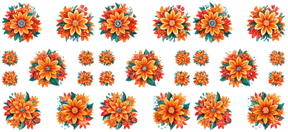 A vibrant collection of orange and yellow floral designs, featuring various sizes and arrangements, perfect for decorative uses.UV Transfers dtf transfers