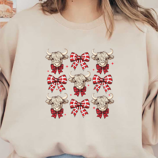 A whimsical pattern featuring adorable cow heads adorned with red plaid bows, perfect for cozy and festive designs. dtf prints