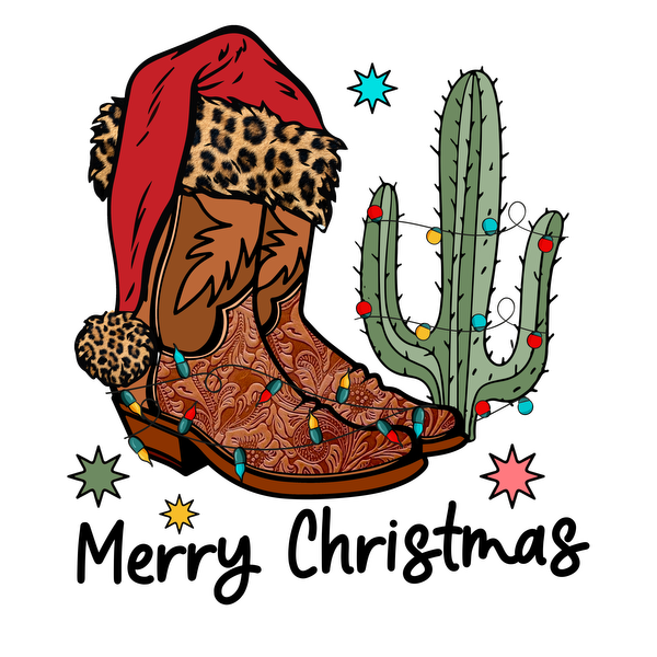 Festive cowboy boots adorned with lights, a cheetah-print Santa hat, and a cheerful cactus create a whimsical holiday vibe. dtf prints