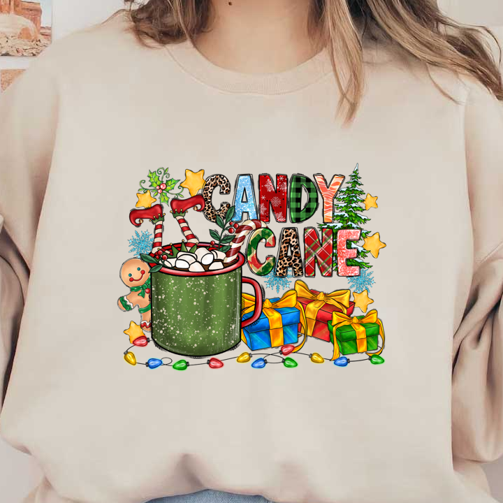 A festive holiday scene featuring a green mug filled with marshmallows, candy canes, gingerbread cookies, and colorful presents.DTF Transfers heat press transfers