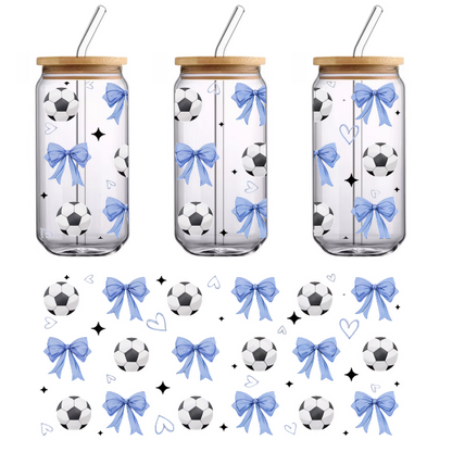 A playful pattern featuring black and white soccer balls adorned with light blue bows and whimsical heart designs on a dark background.UV Transfers heat press transfers