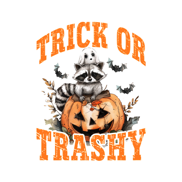 A whimsical Halloween design featuring a raccoon and a ghost atop a carved pumpkin with the playful phrase "Trick or Trashy." dtf transfers